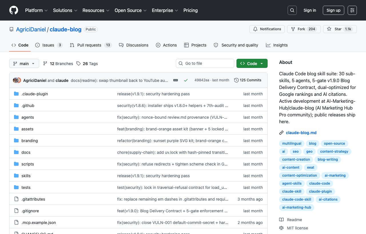 The AgriciDaniel/claude-blog repo: drafts and structures posts to rank on Google and get cited by AI search