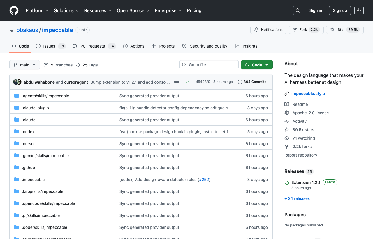 The pbakaus/impeccable repo: the design language that makes your AI harness better at design