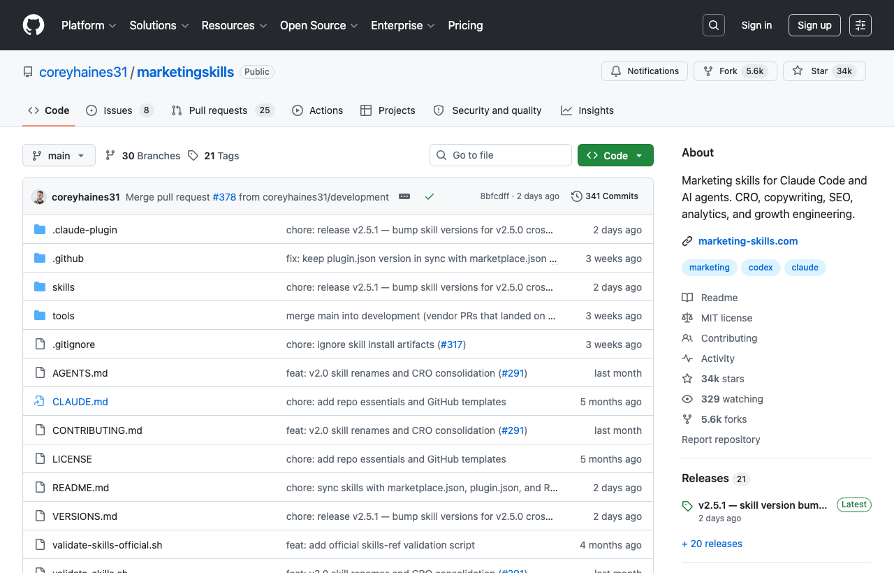 The coreyhaines31/marketingskills repo: a marketing kit for Claude Code, ads through copywriting, CRO, and cold email